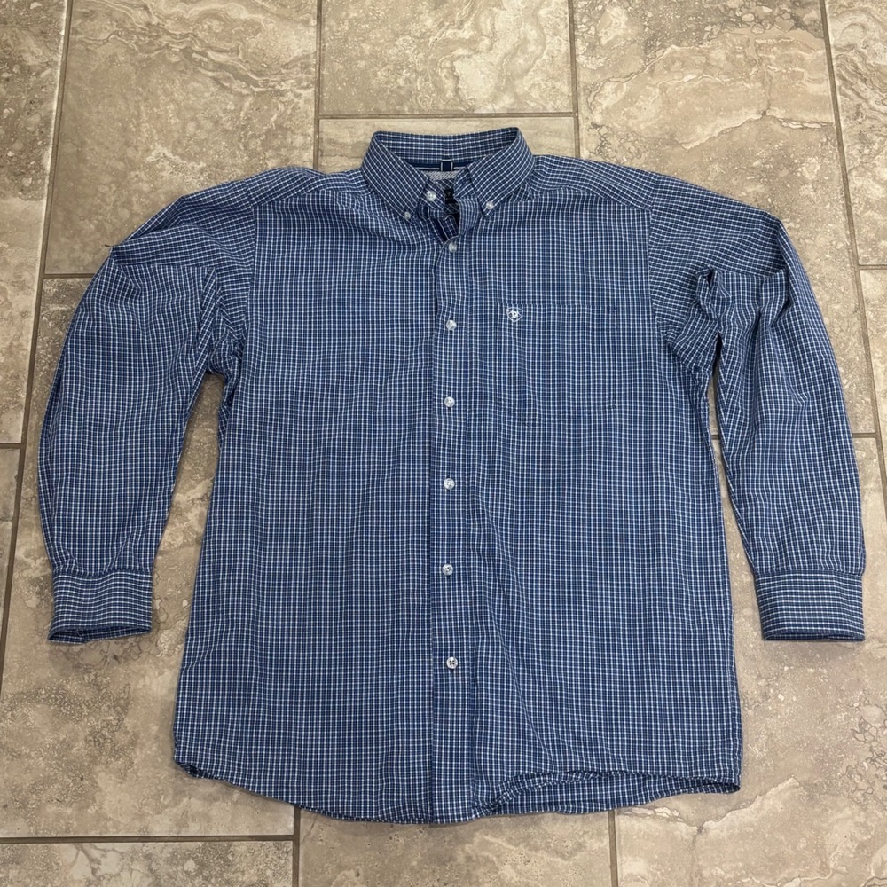 Ariat Pro Series Mens Blue White Micro Check Button Down Shirt Medium 10028888